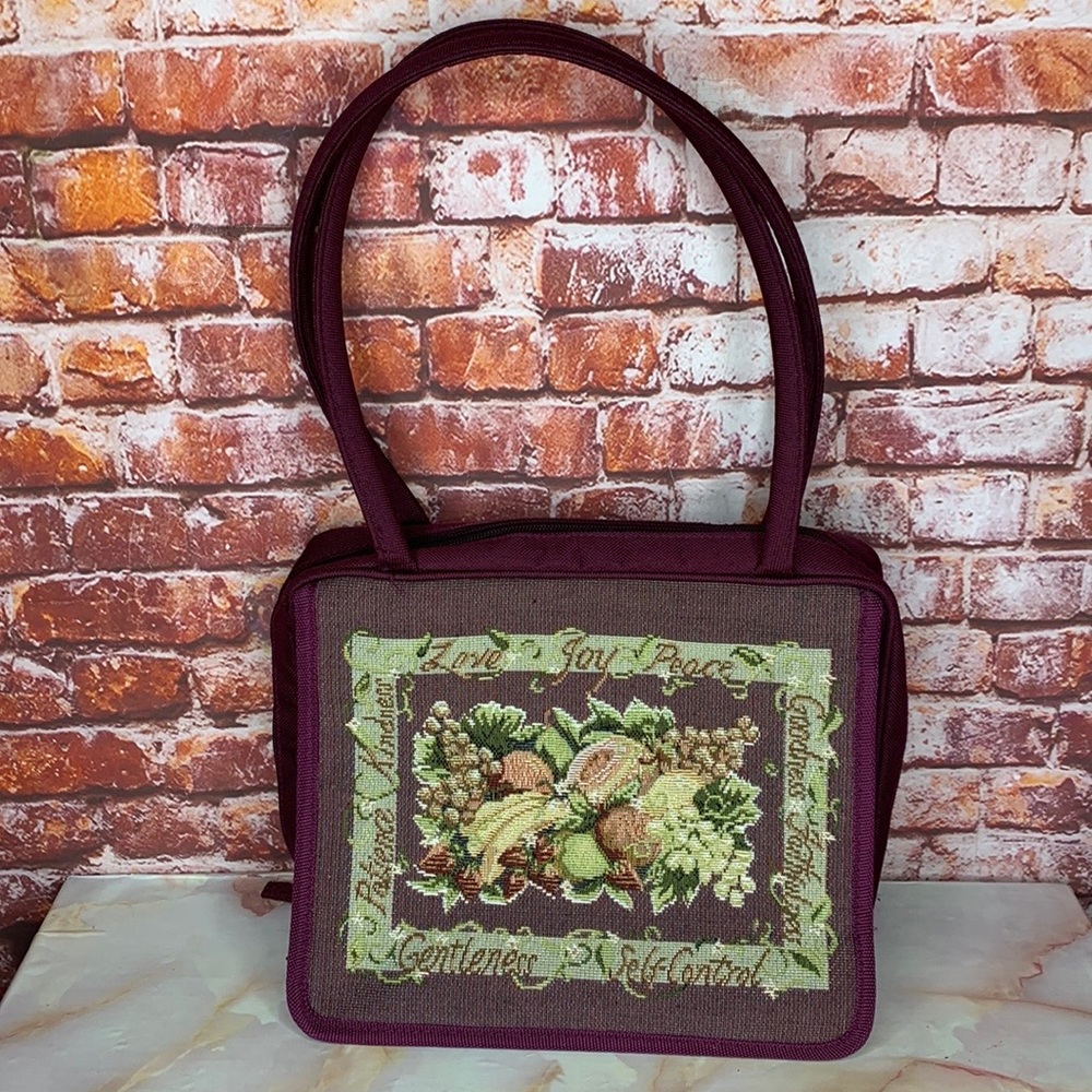 Vintage 80s Burgundy Cottage Core Tapestry Notebook Tote Bag
